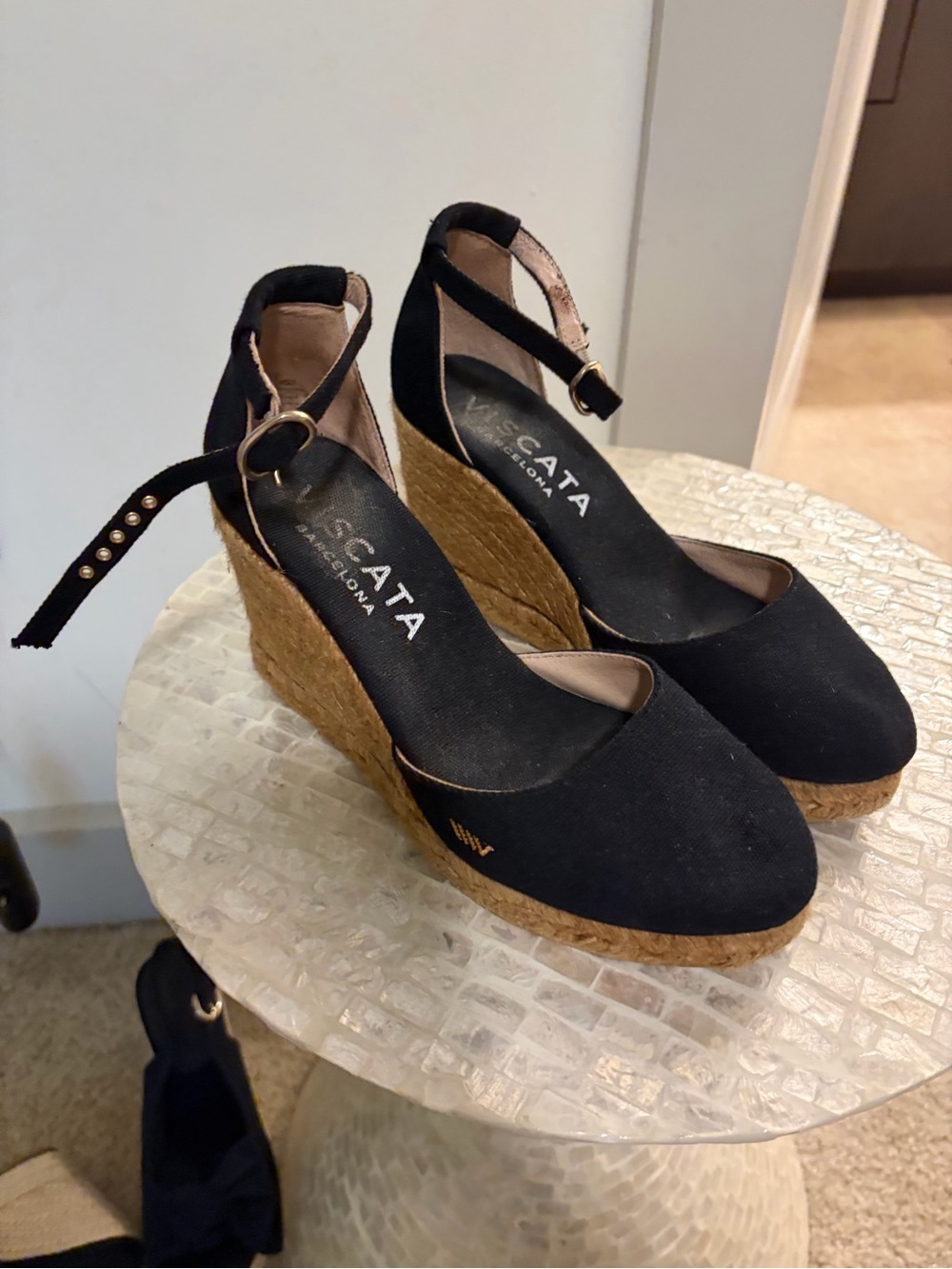 VISCATA Barcelona Black Canvas Espadrille Wedge Sandals with Ankle Strap